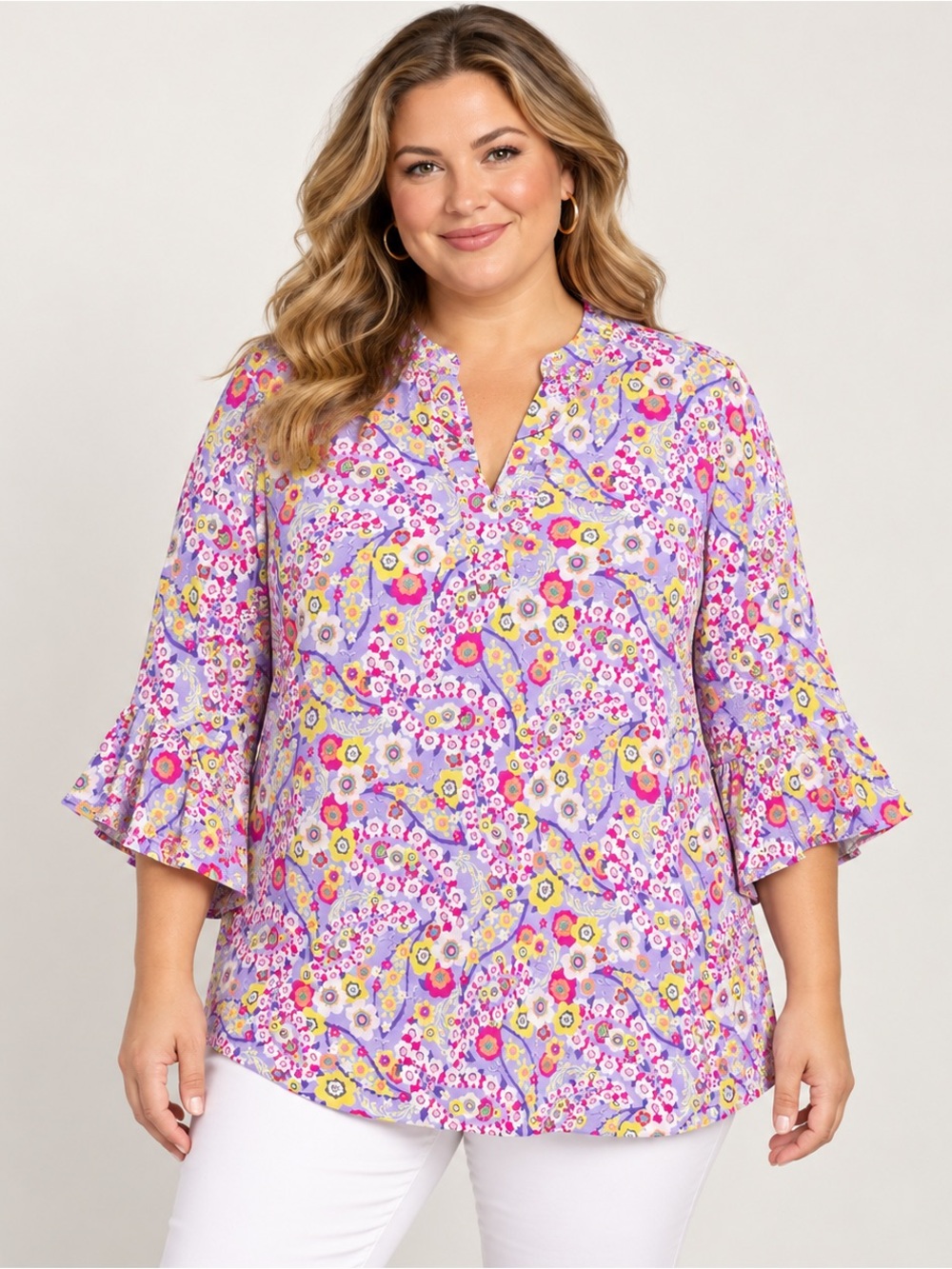 Dear Scarlett Faith Lavender Floral Ruffle Bell Sleeve Blouse XL NWT